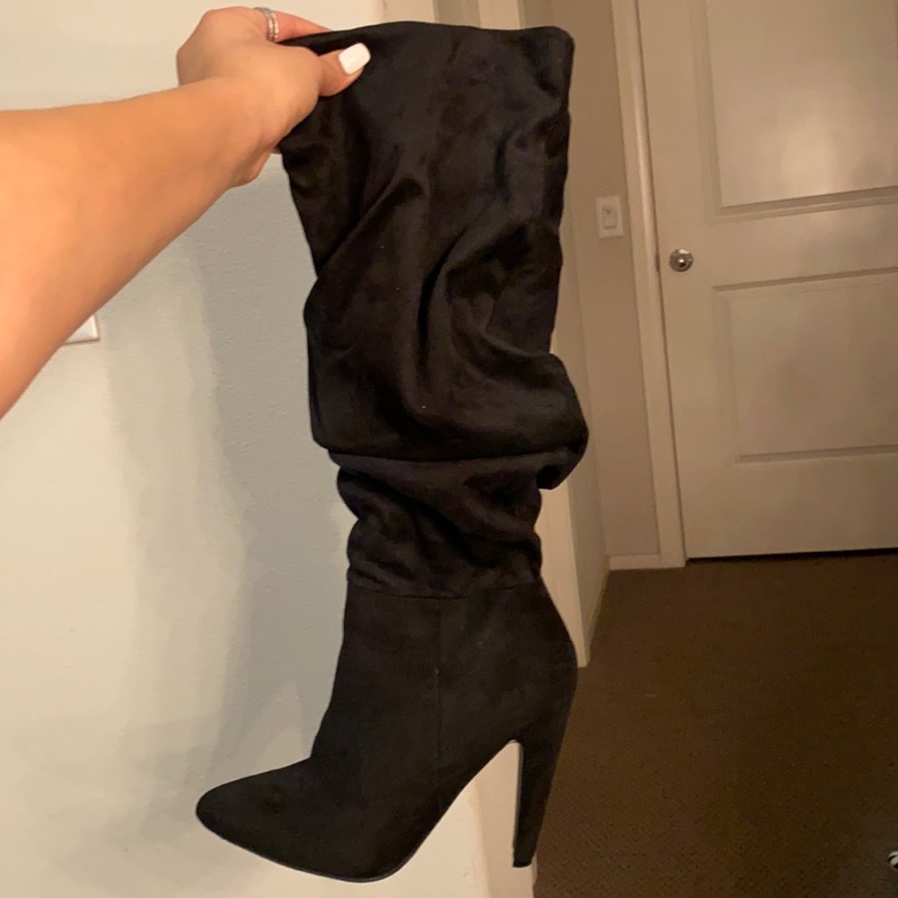Knee High Black Suede Heel Boots